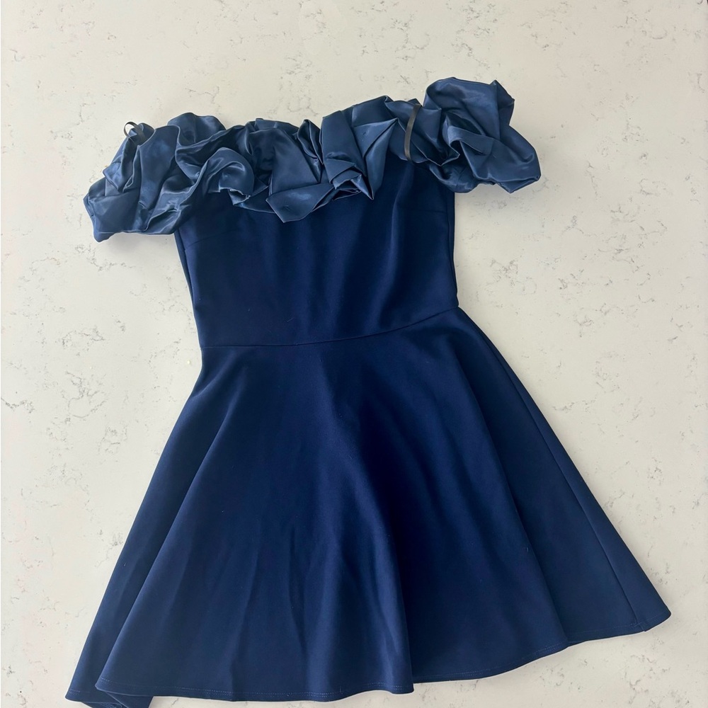 B Darlin Navy Off-Shoulder Ruffle Prom Dress